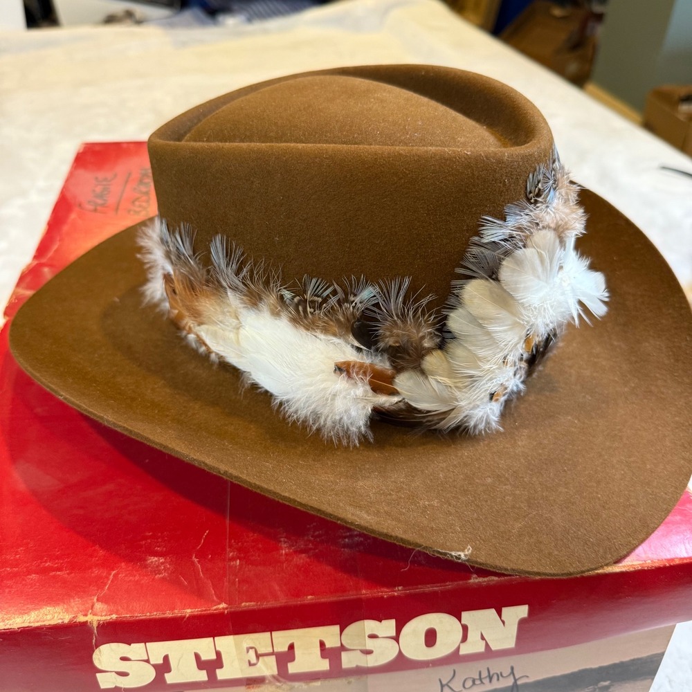 Vintage Stetson 3X Beaver Brown Fur Felt Cowboy Hat with Feather Band Size 7 - Picture 4 of 9